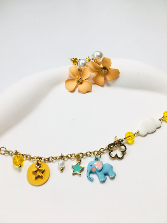 3pcs Pearl Flower Drop Earrings & Elephant Star Pendant Bracelet Jewelry Set