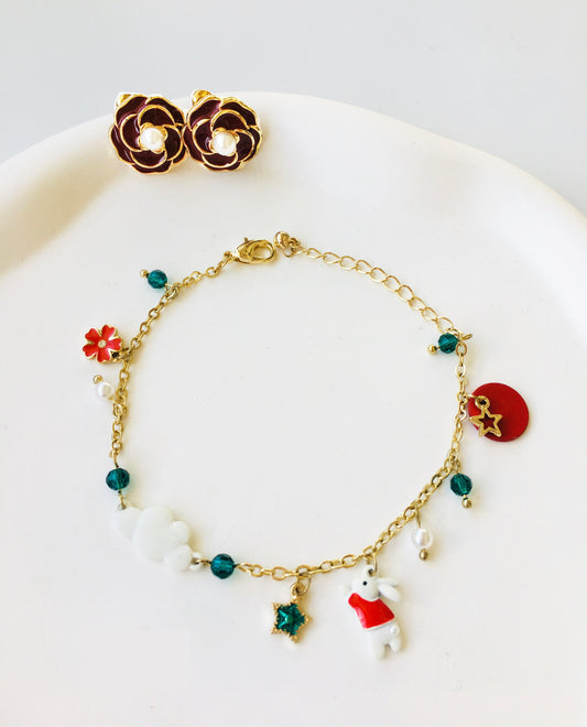 3pcs Pearl Flower Earrings & Rabbit Star Pendant Bracelet Jewelry Set