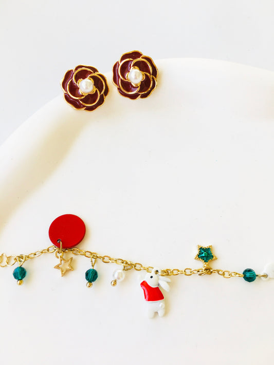 3pcs Pearl Flower Earrings & Rabbit Star Pendant Bracelet Jewelry Set