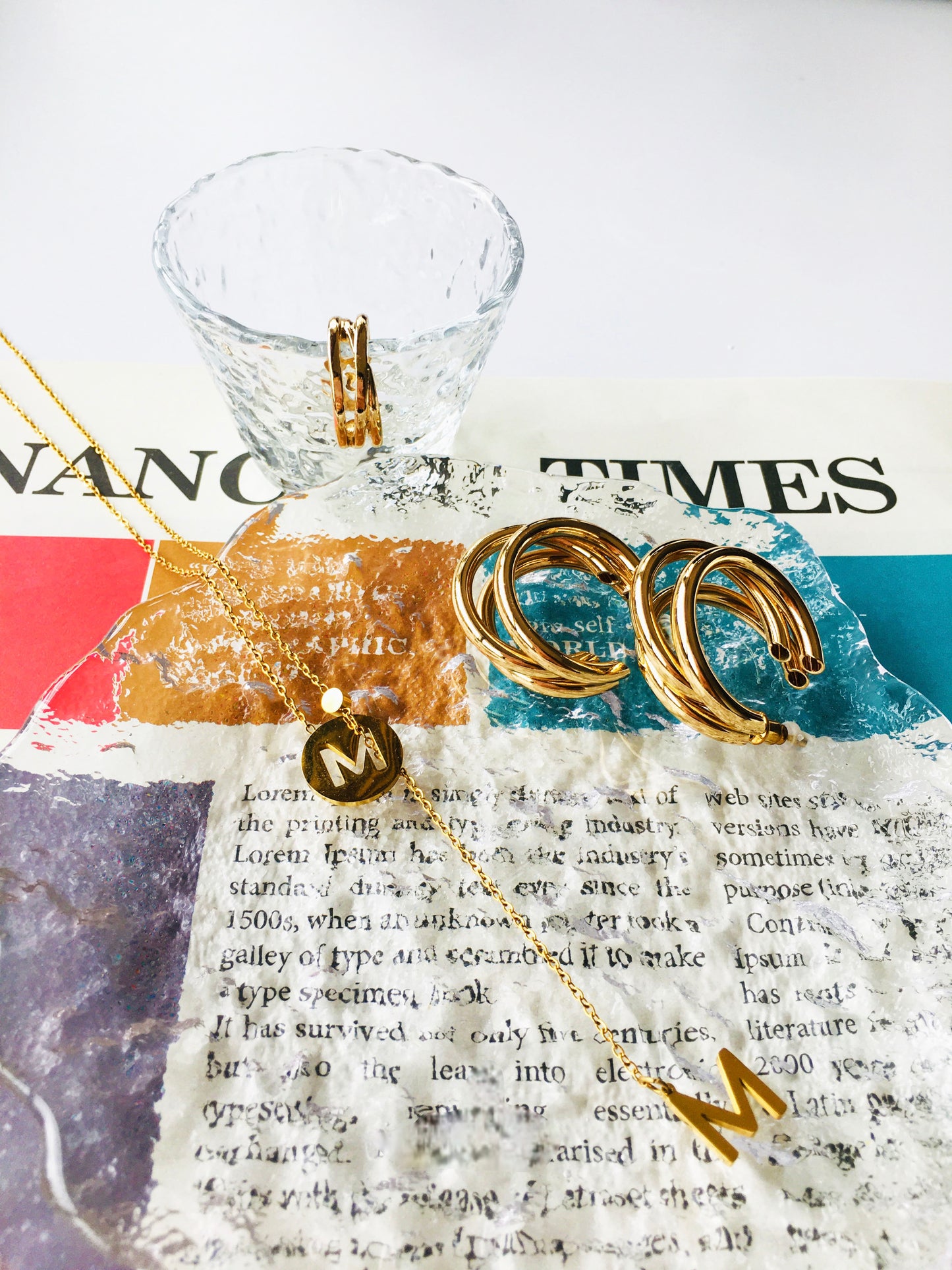 Gold Letter M Necklace, Polished Triple Hoop Earrings & Ring Jewelry Set