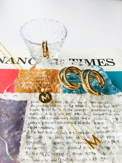 Gold Letter M Necklace, Polished Triple Hoop Earrings & Ring Jewelry Set