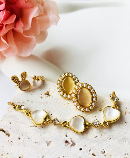 Gold Opal Crystal-Pearl Bracelet & Earrings & Ring Jewelry Set
