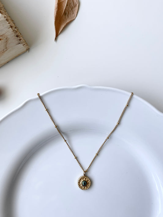 African Turquoise Round Pendant Gold Necklace