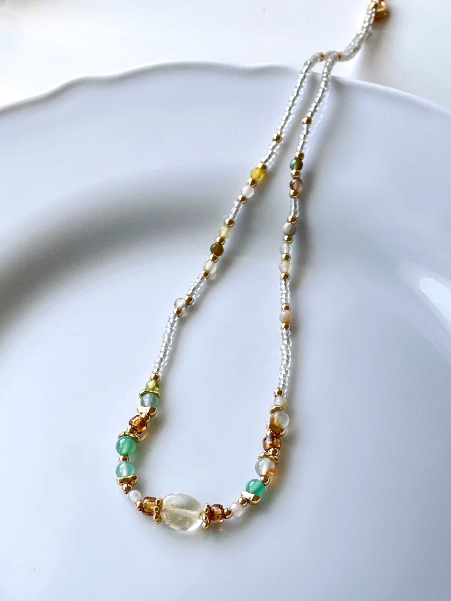 Amber Beaded & Geometric Chain Layered Necklace Set