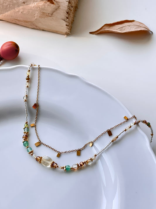Amber Beaded & Geometric Chain Layered Necklace Set