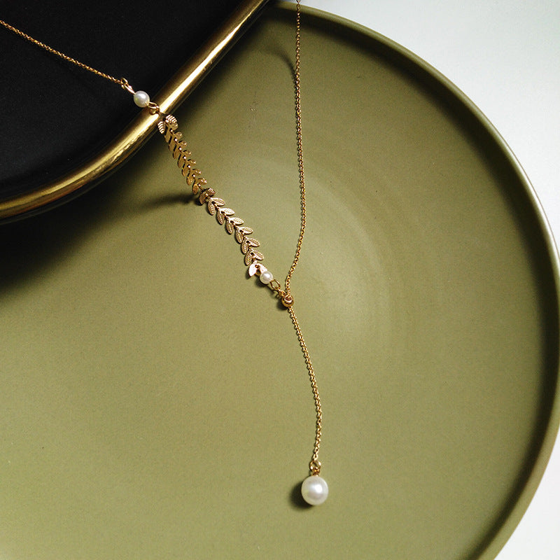 Asymmetric Leaf Decor Pearl Chain Necklace & Bracelet & Vintage Sun Earrings Jewelry Set