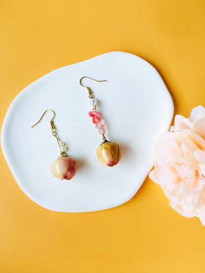 Asymmetry Yellow with Pink Rose Dried Flower with Pearl & Pink Crystal Drop Earrings