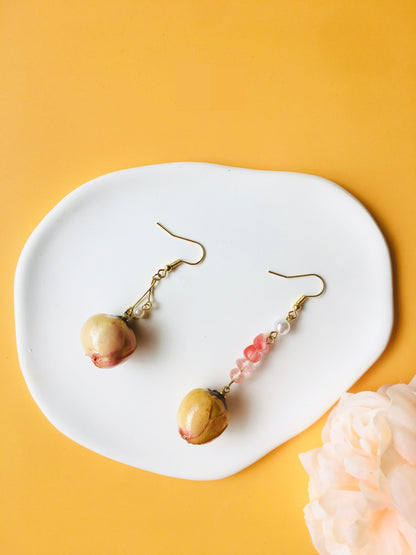 Asymmetry Yellow with Pink Rose Dried Flower with Pearl & Pink Crystal Drop Earrings