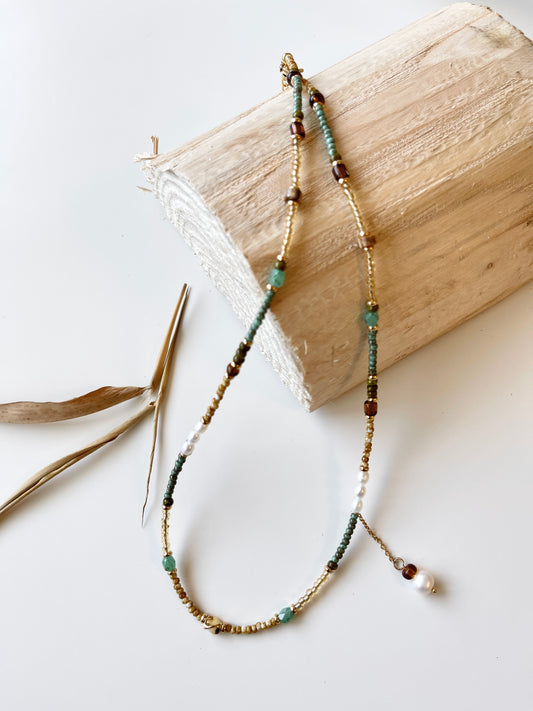 Multi Color Beaded with Pearl Drop Pendant Necklace