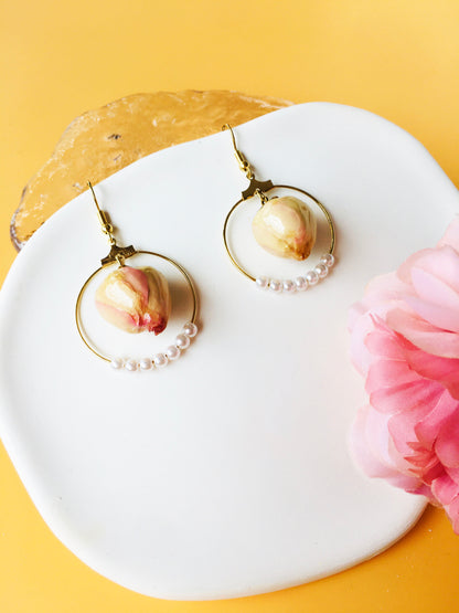 Beige with Light Pink Rose Dried Flower with Pearl Cercle Shape Drop Earrings