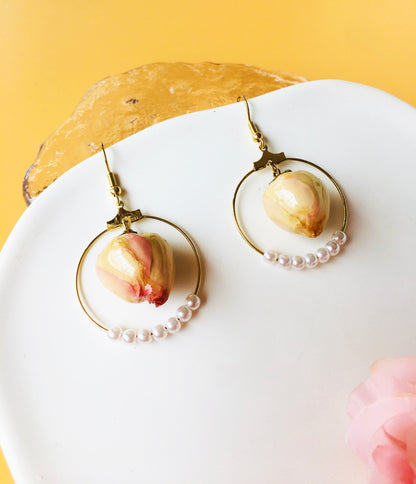 Hotpink Rose Dried Flower with Pearl & Crystal Bracelet & Pearl Cercle Shape Drop Earrings Jewelry Set