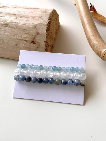 Mercury Blue · Blue Calcite & Afghan White Jade & Brazilian Kyanite Stacking Bracelets