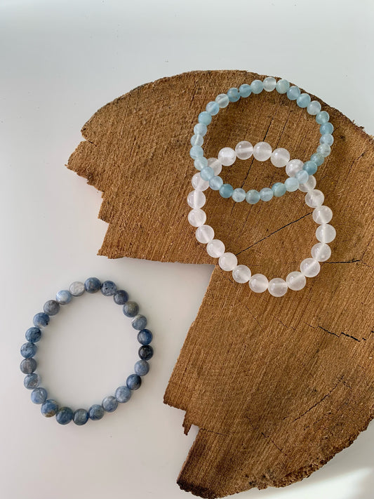 Mercury Blue · Blue Calcite & Afghan White Jade & Brazilian Kyanite Stacking Bracelets