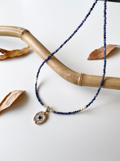 Blue Crystal Necklace with White and Blue Enamel Pendant