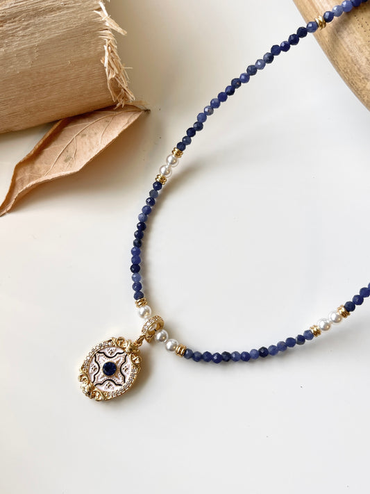 Blue Crystal Necklace with White and Blue Enamel Pendant