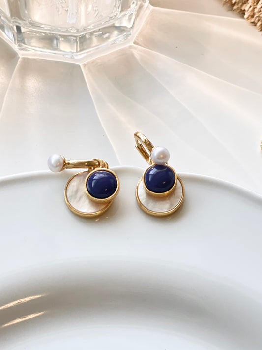 Blue Stone and Mother of Pearl with Freshwater Pearls Drop Earrings