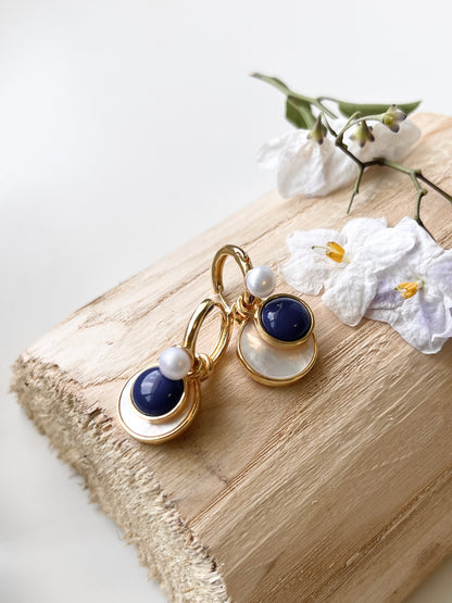 Blue Stone and Mother of Pearl with Freshwater Pearls Drop Earrings
