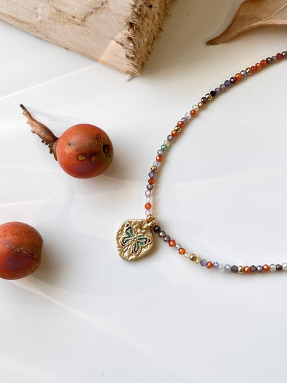 Colorful Beaded Butterfly Pendant Necklace