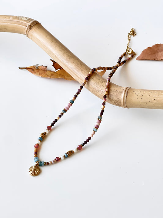 Colorful Beaded Textured Gold Pendant Necklace