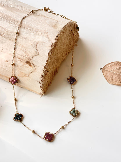 Colorful Gem Blossom & Minimalist Drop Layered Necklace Set