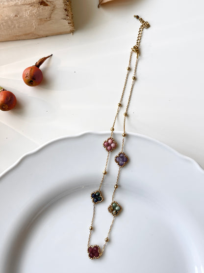 Colorful Gem Blossom & Minimalist Drop Layered Necklace Set