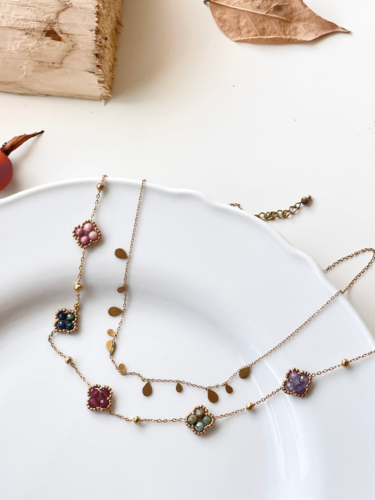 Colorful Gem Blossom & Minimalist Drop Layered Necklace Set