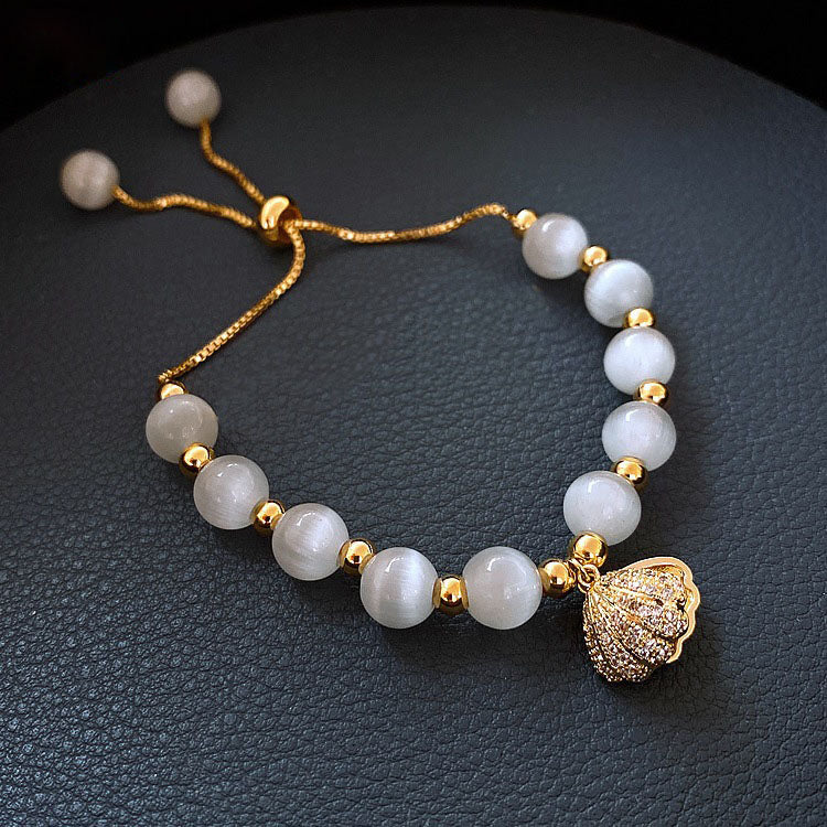 Gold Crystal Beaded Bracelet with Shell Charm & Shell with Pearl Drop Earrings Jewelry Set
