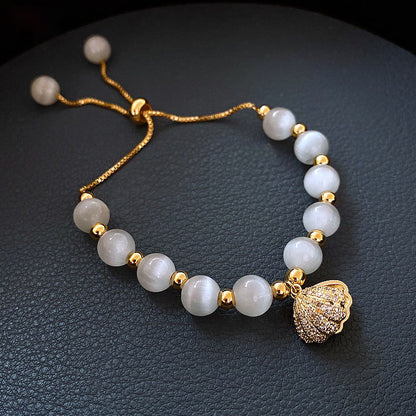 Gold Crystal Beaded Bracelet with Shell Charm & Shell with Pearl Drop Earrings Jewelry Set