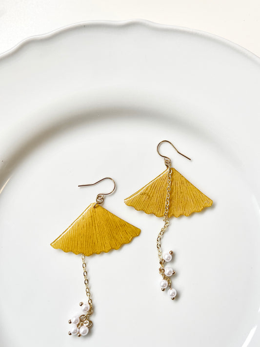 Dried Ginkgo Leaf with Pearl Drop Earrings