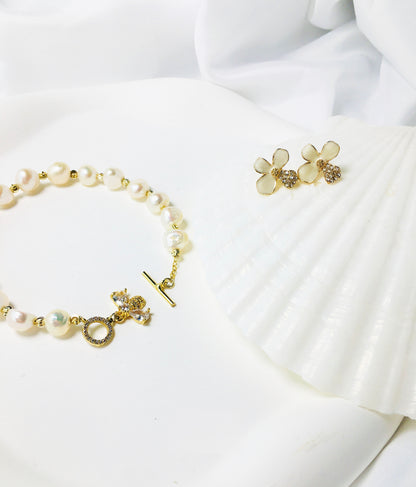 Gold Baroque Pearl Bracelet with Crystal Bee Charm & Crystal Flower Stud Earrings Jewelry Set