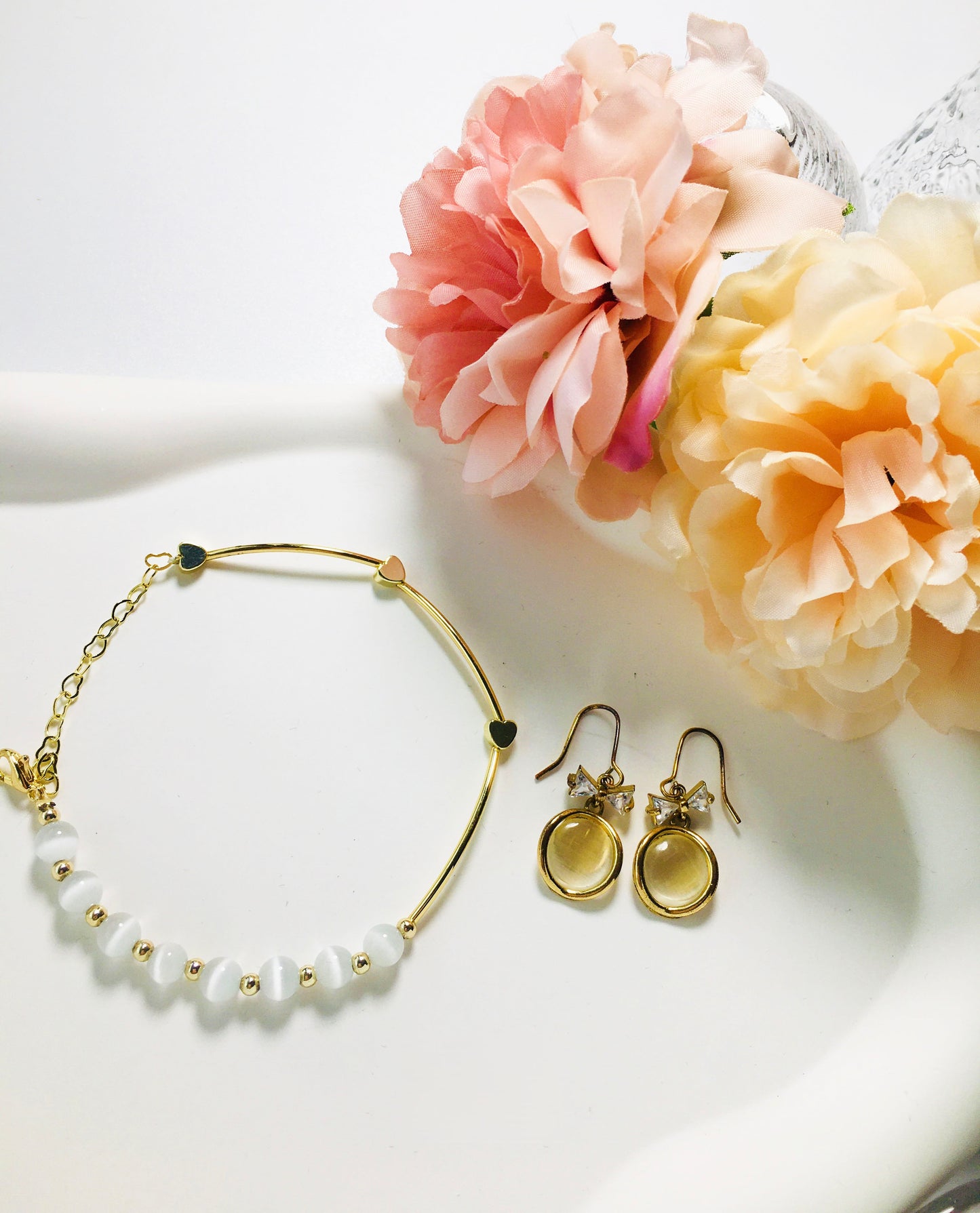 Gold Heart Decor Bracelet with Crystal Stones & Opal Crystal Drop Earrings Jewelry Set
