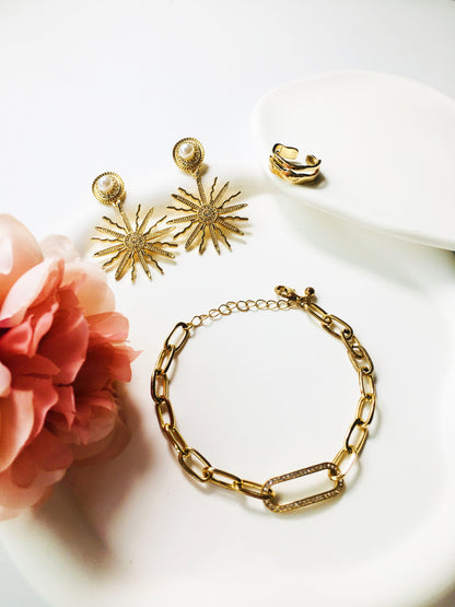 Gold Sun Crystal-Pearl Drop Earrings & Crystal Chain Link Bracelet & Wavy Band Ring Jewelry Set