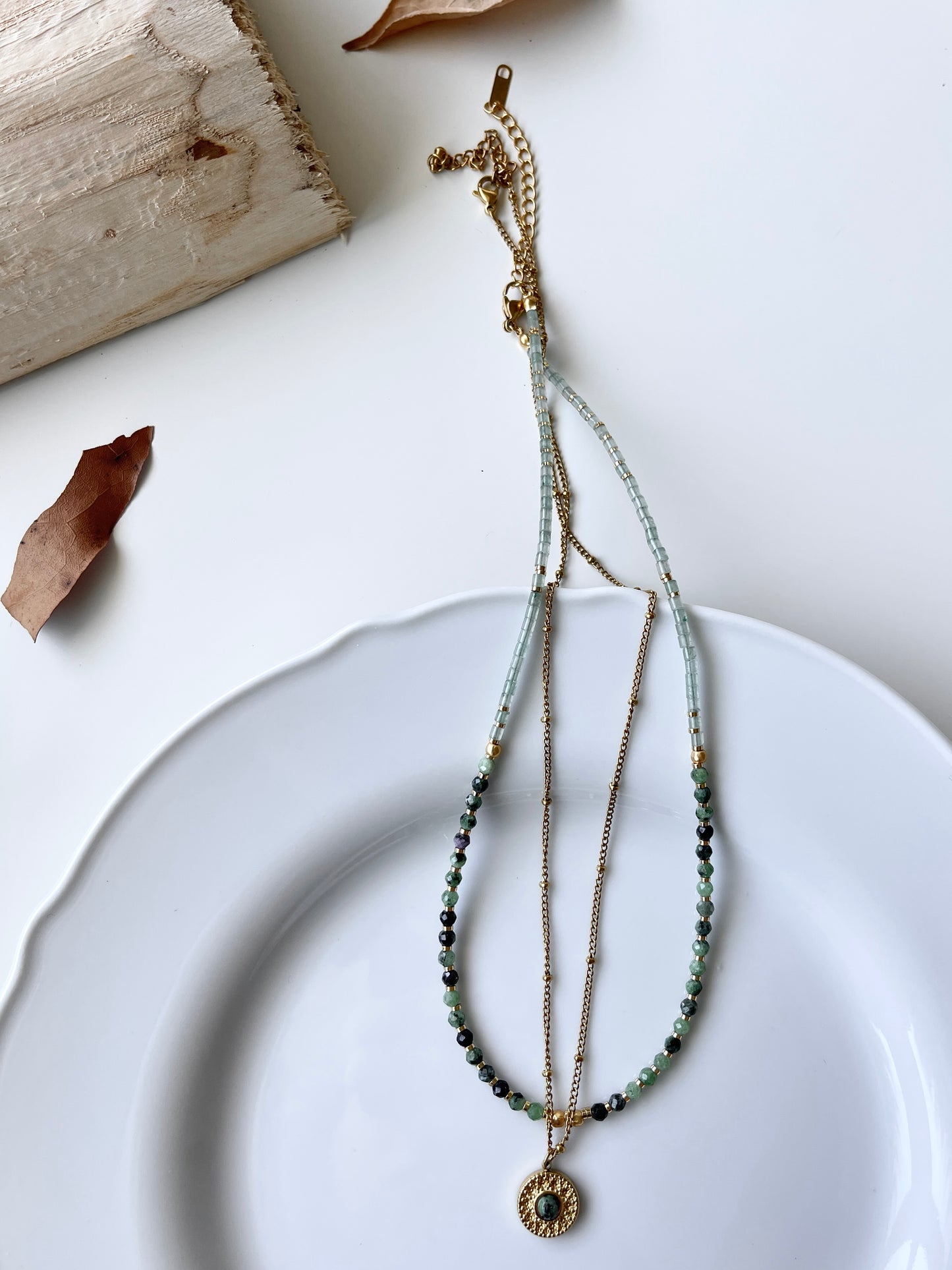 Green Beaded Layered Necklace Set
