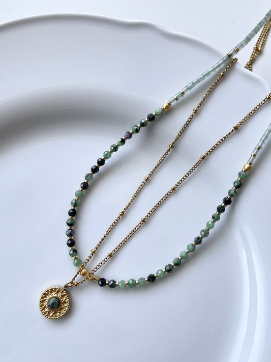 Green Beaded Layered Necklace Set