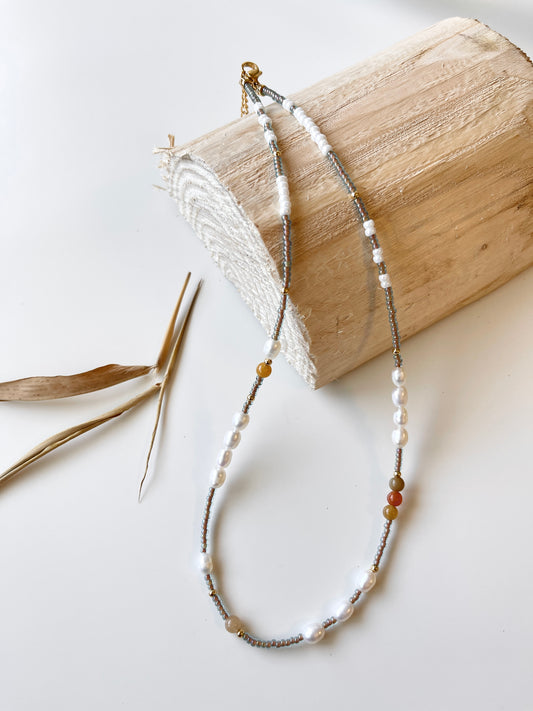 Grey Beaded with Pearls Necklace