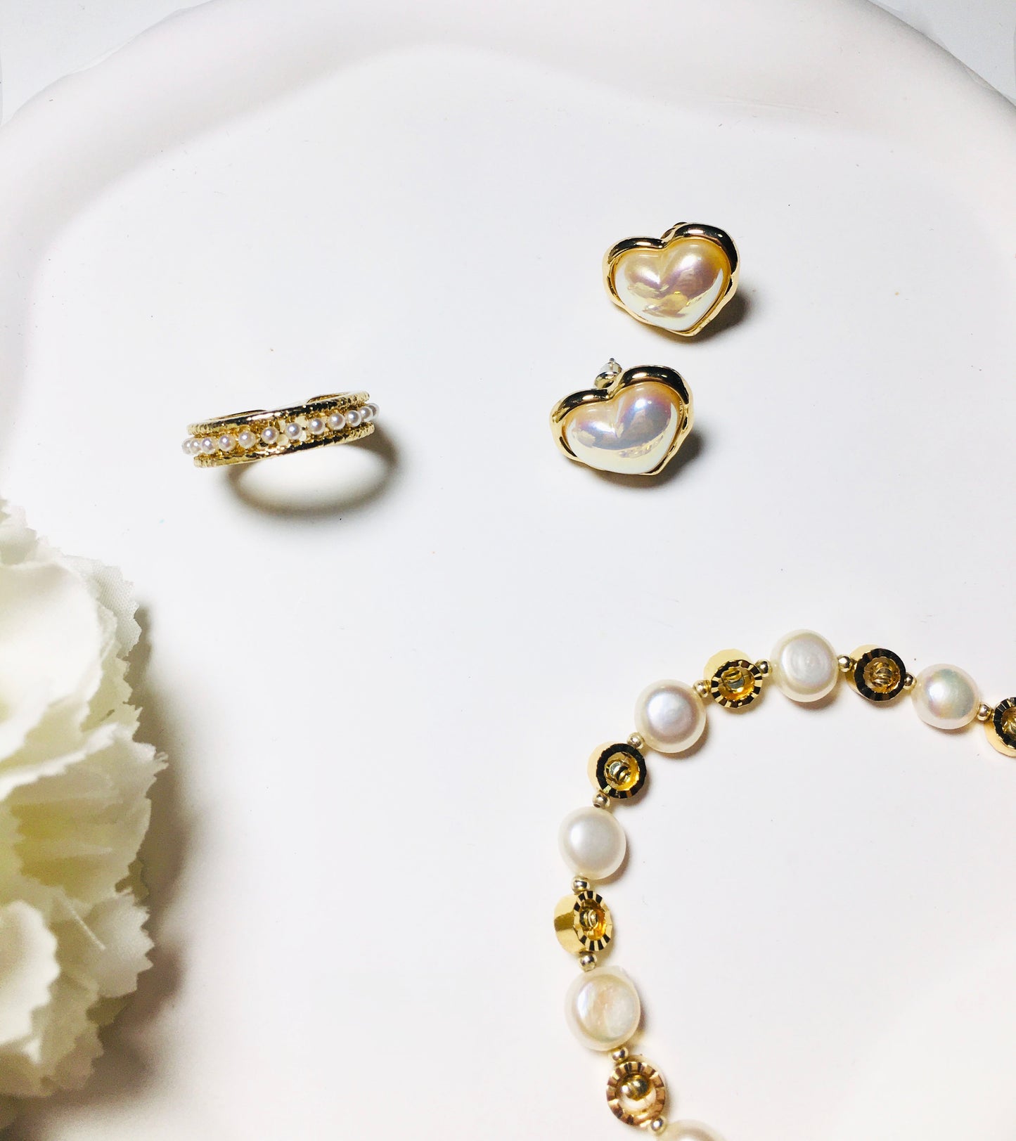 Heart Earrings & Asymmetric Pearl Link Chain Bracelet, Ring Jewelry set