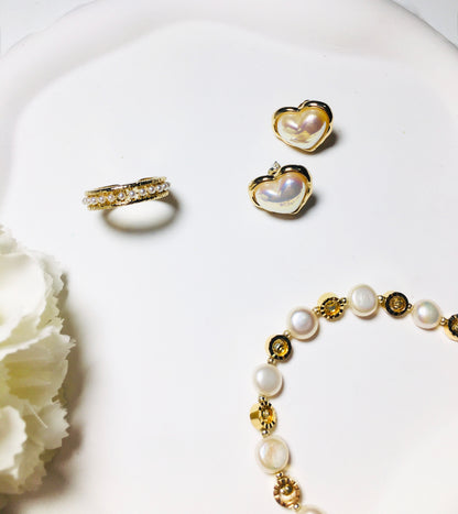 Heart Earrings & Asymmetric Pearl Link Chain Bracelet, Ring Jewelry set