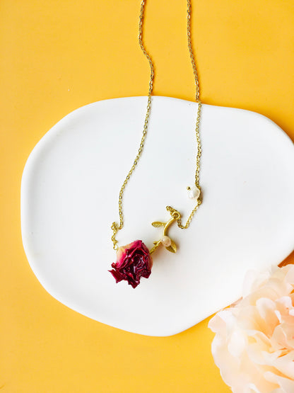 Hotpink Rose Dried Flower with Pearl & Gold leaf Pendant Necklace