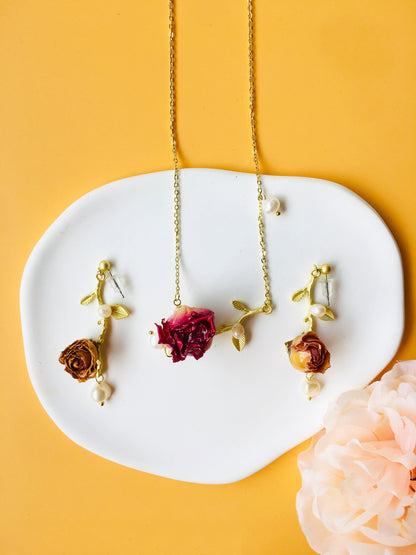 Hotpink Rose Dried Flower with Pearl & Gold leaf Pendant Necklace & Drop Earrings Jewelry Set