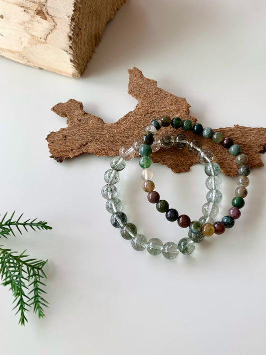 Different Shades of Green · Indian Agate & Green Phantom Quartz Stacking Bracelets