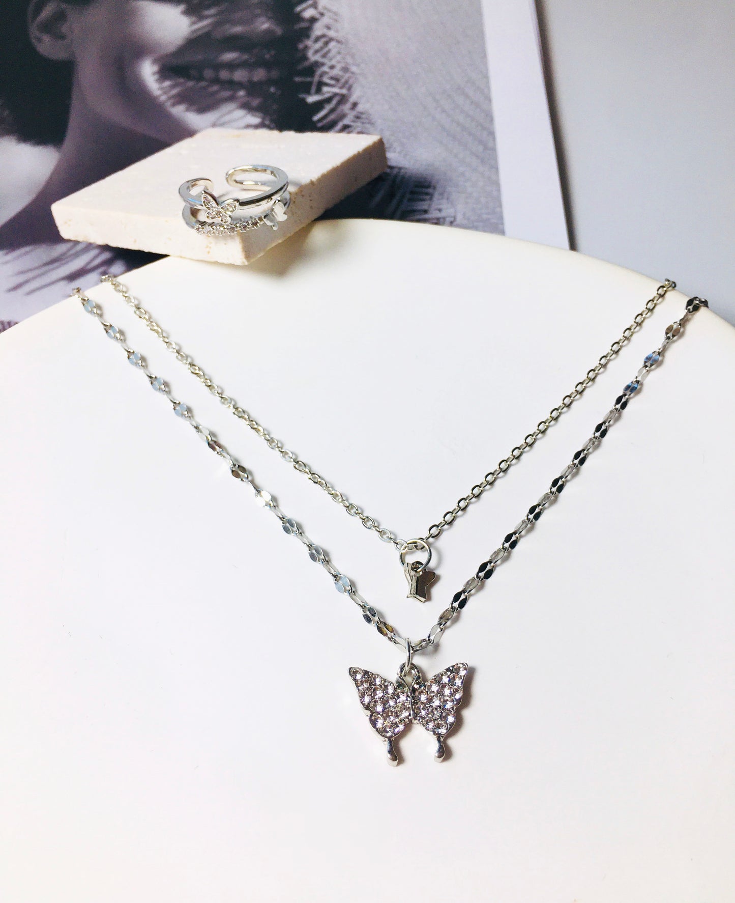 Layered Butterfly & Rhinestone Decor Charm Necklace & Ring Jewelry Set