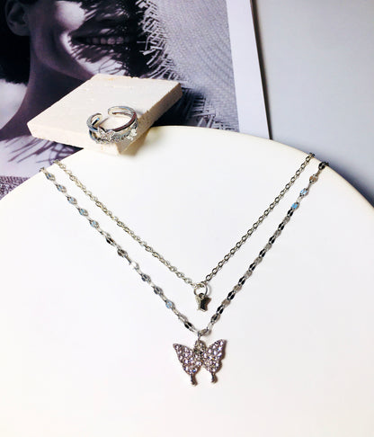Layered Butterfly & Rhinestone Decor Charm Necklace & Ring Jewelry Set