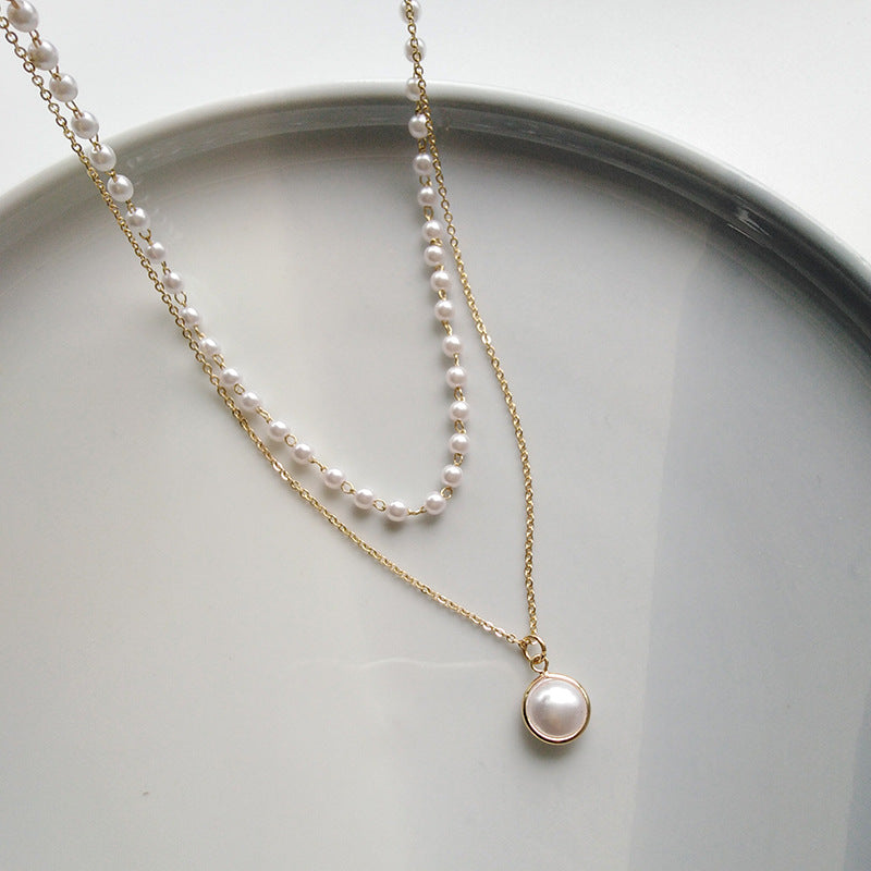Layered Pearl Necklace & Asymmetric Pearl Link Chain Bracelet Jewelry Set