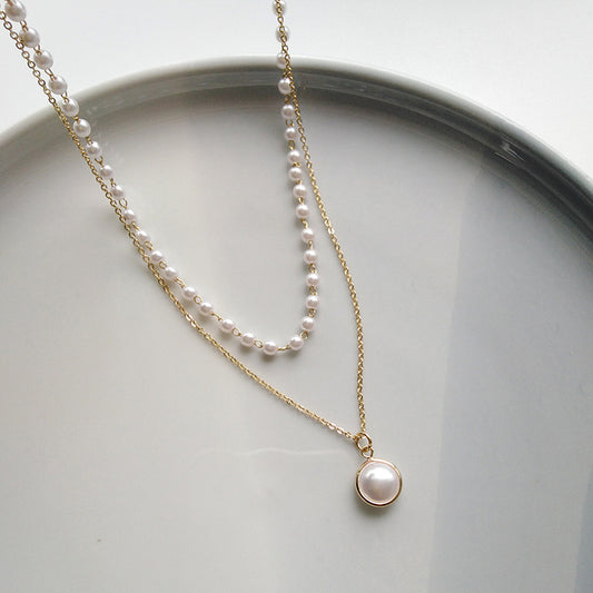 Layered Pearl Necklace & Asymmetric Pearl Link Chain Bracelet Jewelry Set