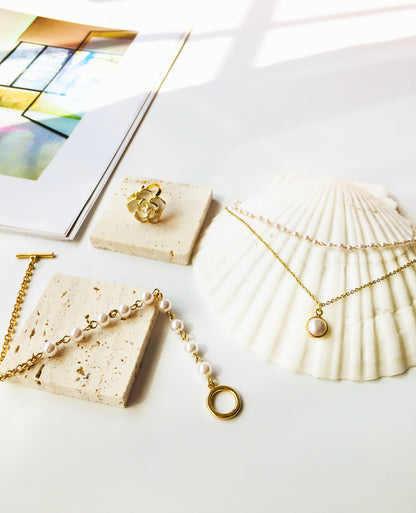 Layered Pearl Necklace & Asymmetric Pearl Link Chain Bracelet Jewelry Set