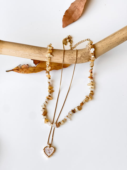 Natural Stone & Mother of Pearl Heart Pendant Layered Necklace Set