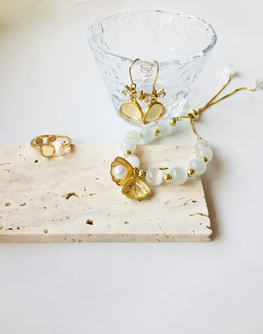 Opal & Shell Pendant Decor Bracelet & Earrings & Ring Jewelry Set