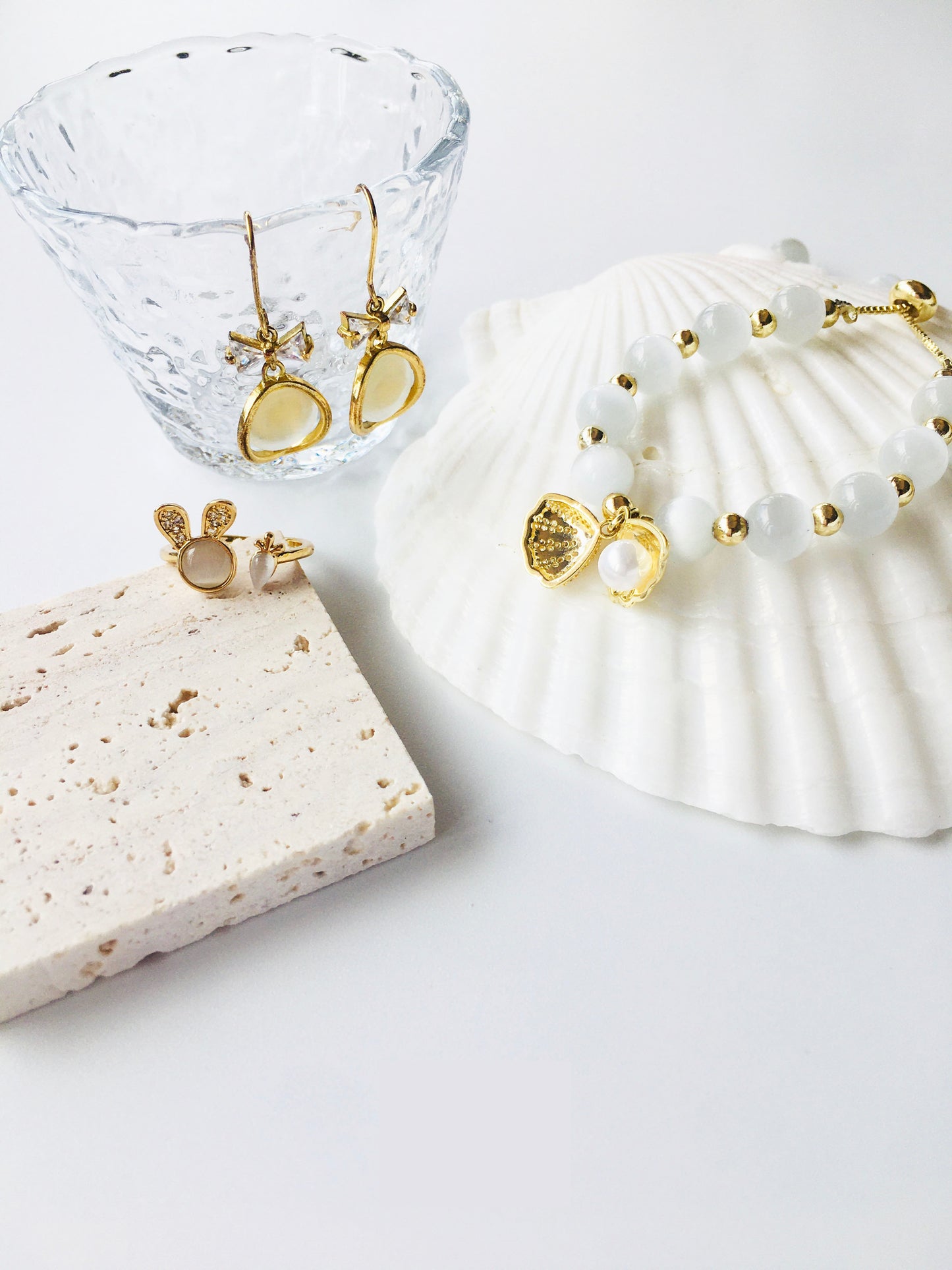 Opal & Shell Pendant Decor Bracelet & Earrings & Ring Jewelry Set