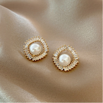 Zircon Decor Necklace & Crystal-Pearl Stud Earrings Jewelry Set