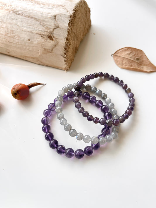 Serenity Guardian · Amethyst & Grey Moonstone Stacking Bracelets